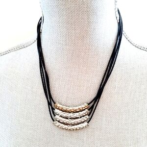 Black and Silver Multi-Strand Necklace with Curved Metal Bars